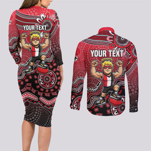 Personalized St Kilda Saints Football Mascot Couples Matching Long Sleeve Bodycon Dress and Long Sleeve Button Shirt Aboriginal Dot Art Style Vibrant Indigenous Pattern Design