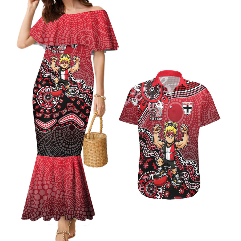 Personalized St Kilda Saints Football Mascot Couples Matching Mermaid Dress and Hawaiian Shirt Aboriginal Dot Art Style Vibrant Indigenous Pattern Design