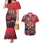 Personalized St Kilda Saints Football Mascot Couples Matching Mermaid Dress and Hawaiian Shirt Aboriginal Dot Art Style Vibrant Indigenous Pattern Design
