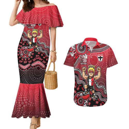 Personalized St Kilda Saints Football Mascot Couples Matching Mermaid Dress and Hawaiian Shirt Aboriginal Dot Art Style Vibrant Indigenous Pattern Design