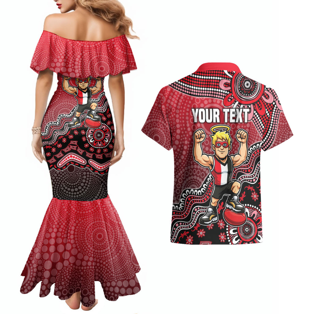 Personalized St Kilda Saints Football Mascot Couples Matching Mermaid Dress and Hawaiian Shirt Aboriginal Dot Art Style Vibrant Indigenous Pattern Design