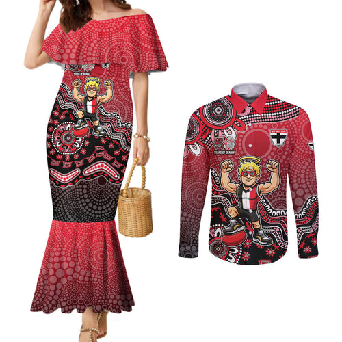 Personalized St Kilda Saints Football Mascot Couples Matching Mermaid Dress and Long Sleeve Button Shirt Aboriginal Dot Art Style Vibrant Indigenous Pattern Design