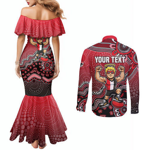 Personalized St Kilda Saints Football Mascot Couples Matching Mermaid Dress and Long Sleeve Button Shirt Aboriginal Dot Art Style Vibrant Indigenous Pattern Design