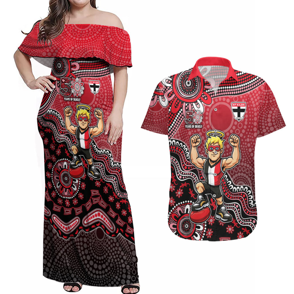 Personalized St Kilda Saints Football Mascot Couples Matching Off Shoulder Maxi Dress and Hawaiian Shirt Aboriginal Dot Art Style Vibrant Indigenous Pattern Design