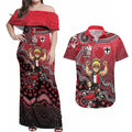 Personalized St Kilda Saints Football Mascot Couples Matching Off Shoulder Maxi Dress and Hawaiian Shirt Aboriginal Dot Art Style Vibrant Indigenous Pattern Design