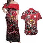 Personalized St Kilda Saints Football Mascot Couples Matching Off Shoulder Maxi Dress and Hawaiian Shirt Aboriginal Dot Art Style Vibrant Indigenous Pattern Design