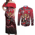Personalized St Kilda Saints Football Mascot Couples Matching Off Shoulder Maxi Dress and Long Sleeve Button Shirt Aboriginal Dot Art Style Vibrant Indigenous Pattern Design