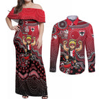 Personalized St Kilda Saints Football Mascot Couples Matching Off Shoulder Maxi Dress and Long Sleeve Button Shirt Aboriginal Dot Art Style Vibrant Indigenous Pattern Design