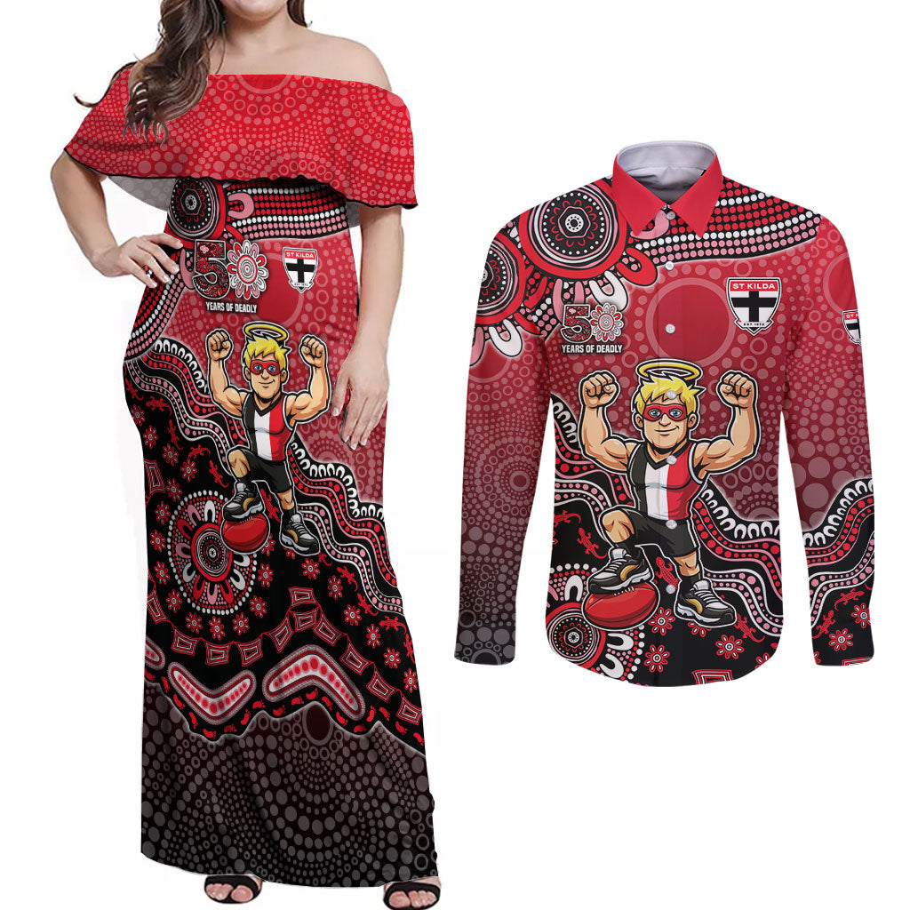 Personalized St Kilda Saints Football Mascot Couples Matching Off Shoulder Maxi Dress and Long Sleeve Button Shirt Aboriginal Dot Art Style Vibrant Indigenous Pattern Design