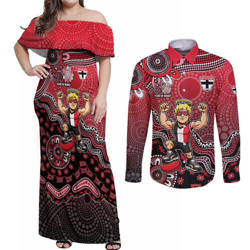Personalized St Kilda Saints Football Mascot Couples Matching Off Shoulder Maxi Dress and Long Sleeve Button Shirt Aboriginal Dot Art Style Vibrant Indigenous Pattern Design