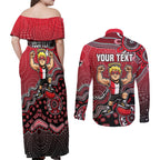 Personalized St Kilda Saints Football Mascot Couples Matching Off Shoulder Maxi Dress and Long Sleeve Button Shirt Aboriginal Dot Art Style Vibrant Indigenous Pattern Design