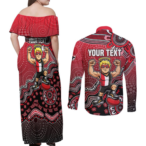 Personalized St Kilda Saints Football Mascot Couples Matching Off Shoulder Maxi Dress and Long Sleeve Button Shirt Aboriginal Dot Art Style Vibrant Indigenous Pattern Design