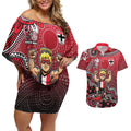 Personalized St Kilda Saints Football Mascot Couples Matching Off Shoulder Short Dress and Hawaiian Shirt Aboriginal Dot Art Style Vibrant Indigenous Pattern Design