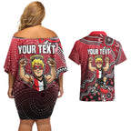 Personalized St Kilda Saints Football Mascot Couples Matching Off Shoulder Short Dress and Hawaiian Shirt Aboriginal Dot Art Style Vibrant Indigenous Pattern Design