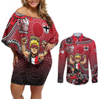 Personalized St Kilda Saints Football Mascot Couples Matching Off Shoulder Short Dress and Long Sleeve Button Shirt Aboriginal Dot Art Style Vibrant Indigenous Pattern Design