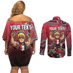 Personalized St Kilda Saints Football Mascot Couples Matching Off Shoulder Short Dress and Long Sleeve Button Shirt Aboriginal Dot Art Style Vibrant Indigenous Pattern Design