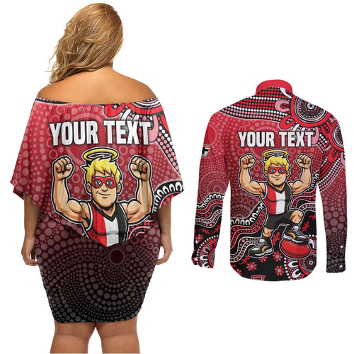 Personalized St Kilda Saints Football Mascot Couples Matching Off Shoulder Short Dress and Long Sleeve Button Shirt Aboriginal Dot Art Style Vibrant Indigenous Pattern Design