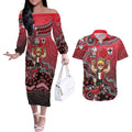 Personalized St Kilda Saints Football Mascot Couples Matching Off The Shoulder Long Sleeve Dress and Hawaiian Shirt Aboriginal Dot Art Style Vibrant Indigenous Pattern Design