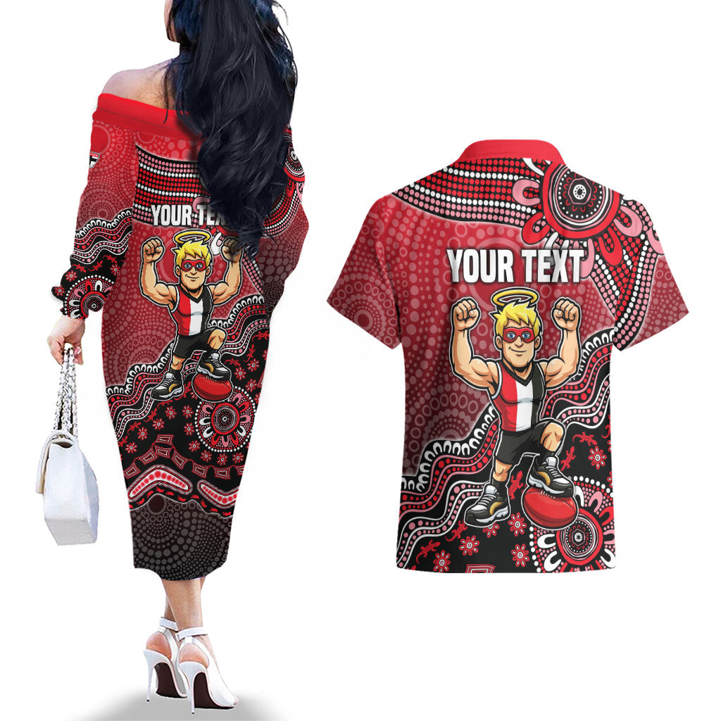 Personalized St Kilda Saints Football Mascot Couples Matching Off The Shoulder Long Sleeve Dress and Hawaiian Shirt Aboriginal Dot Art Style Vibrant Indigenous Pattern Design