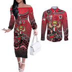 Personalized St Kilda Saints Football Mascot Couples Matching Off The Shoulder Long Sleeve Dress and Long Sleeve Button Shirt Aboriginal Dot Art Style Vibrant Indigenous Pattern Design