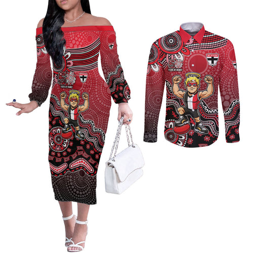 Personalized St Kilda Saints Football Mascot Couples Matching Off The Shoulder Long Sleeve Dress and Long Sleeve Button Shirt Aboriginal Dot Art Style Vibrant Indigenous Pattern Design
