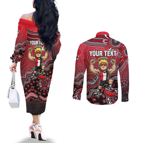 Personalized St Kilda Saints Football Mascot Couples Matching Off The Shoulder Long Sleeve Dress and Long Sleeve Button Shirt Aboriginal Dot Art Style Vibrant Indigenous Pattern Design