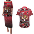 Personalized St Kilda Saints Football Mascot Couples Matching Puletasi and Hawaiian Shirt Aboriginal Dot Art Style Vibrant Indigenous Pattern Design