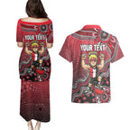 Personalized St Kilda Saints Football Mascot Couples Matching Puletasi and Hawaiian Shirt Aboriginal Dot Art Style Vibrant Indigenous Pattern Design