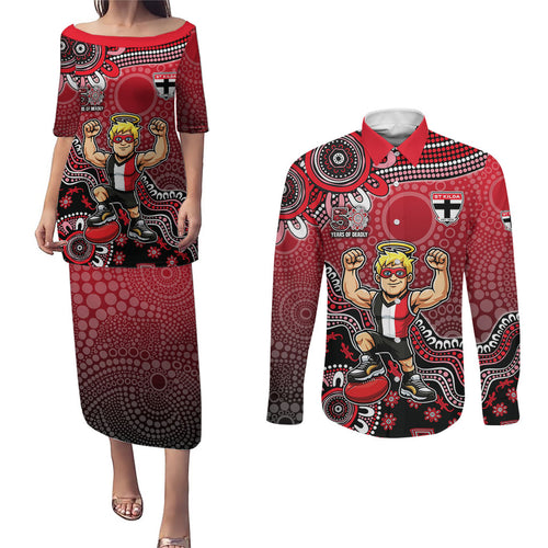 Personalized St Kilda Saints Football Mascot Couples Matching Puletasi and Long Sleeve Button Shirt Aboriginal Dot Art Style Vibrant Indigenous Pattern Design