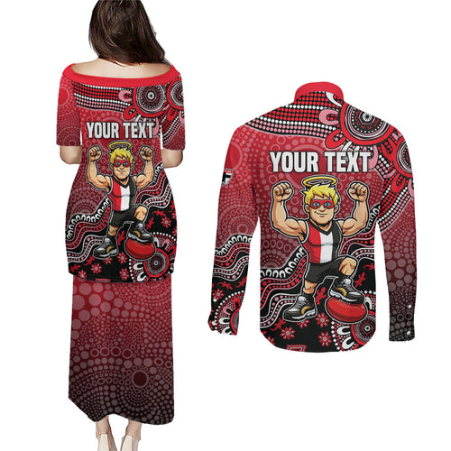 Personalized St Kilda Saints Football Mascot Couples Matching Puletasi and Long Sleeve Button Shirt Aboriginal Dot Art Style Vibrant Indigenous Pattern Design