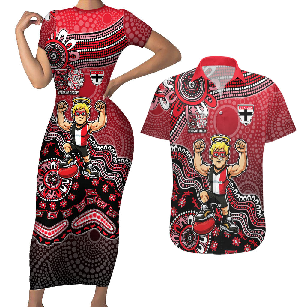 Personalized St Kilda Saints Football Mascot Couples Matching Short Sleeve Bodycon Dress and Hawaiian Shirt Aboriginal Dot Art Style Vibrant Indigenous Pattern Design
