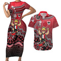 Personalized St Kilda Saints Football Mascot Couples Matching Short Sleeve Bodycon Dress and Hawaiian Shirt Aboriginal Dot Art Style Vibrant Indigenous Pattern Design