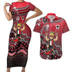 Personalized St Kilda Saints Football Mascot Couples Matching Short Sleeve Bodycon Dress and Hawaiian Shirt Aboriginal Dot Art Style Vibrant Indigenous Pattern Design