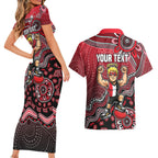 Personalized St Kilda Saints Football Mascot Couples Matching Short Sleeve Bodycon Dress and Hawaiian Shirt Aboriginal Dot Art Style Vibrant Indigenous Pattern Design