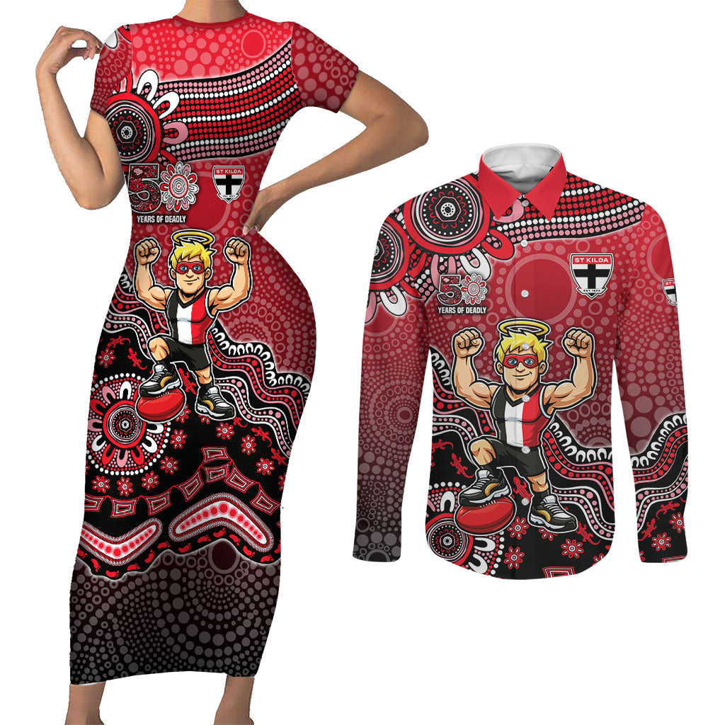 Personalized St Kilda Saints Football Mascot Couples Matching Short Sleeve Bodycon Dress and Long Sleeve Button Shirt Aboriginal Dot Art Style Vibrant Indigenous Pattern Design