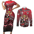 Personalized St Kilda Saints Football Mascot Couples Matching Short Sleeve Bodycon Dress and Long Sleeve Button Shirt Aboriginal Dot Art Style Vibrant Indigenous Pattern Design