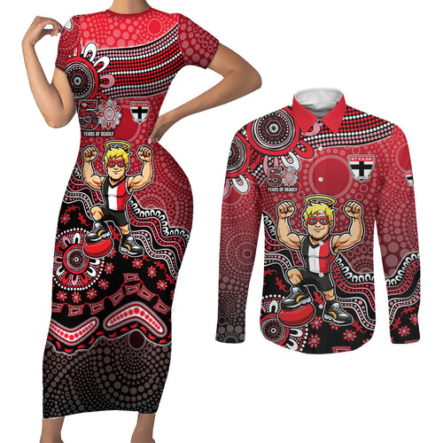Personalized St Kilda Saints Football Mascot Couples Matching Short Sleeve Bodycon Dress and Long Sleeve Button Shirt Aboriginal Dot Art Style Vibrant Indigenous Pattern Design