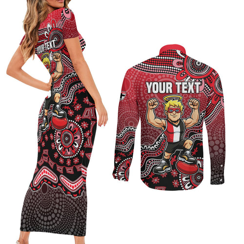 Personalized St Kilda Saints Football Mascot Couples Matching Short Sleeve Bodycon Dress and Long Sleeve Button Shirt Aboriginal Dot Art Style Vibrant Indigenous Pattern Design