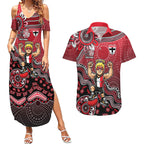 Personalized St Kilda Saints Football Mascot Couples Matching Summer Maxi Dress and Hawaiian Shirt Aboriginal Dot Art Style Vibrant Indigenous Pattern Design