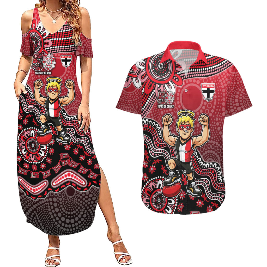 Personalized St Kilda Saints Football Mascot Couples Matching Summer Maxi Dress and Hawaiian Shirt Aboriginal Dot Art Style Vibrant Indigenous Pattern Design