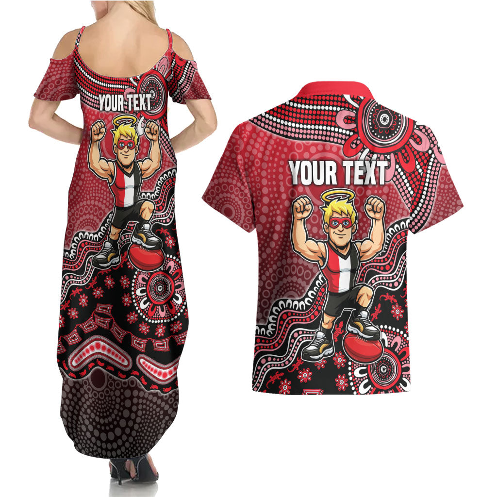 Personalized St Kilda Saints Football Mascot Couples Matching Summer Maxi Dress and Hawaiian Shirt Aboriginal Dot Art Style Vibrant Indigenous Pattern Design