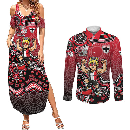 Personalized St Kilda Saints Football Mascot Couples Matching Summer Maxi Dress and Long Sleeve Button Shirt Aboriginal Dot Art Style Vibrant Indigenous Pattern Design