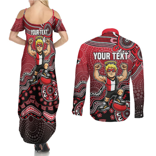 Personalized St Kilda Saints Football Mascot Couples Matching Summer Maxi Dress and Long Sleeve Button Shirt Aboriginal Dot Art Style Vibrant Indigenous Pattern Design