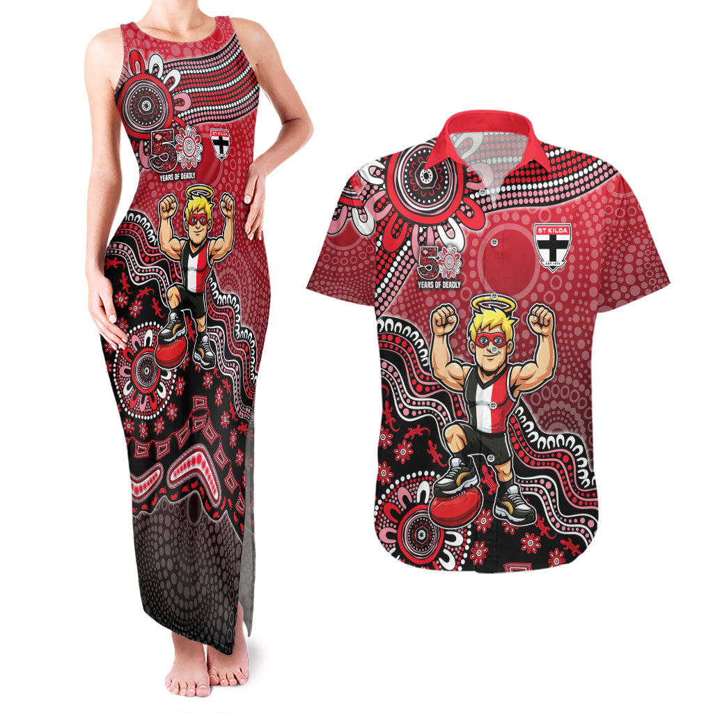 Personalized St Kilda Saints Football Mascot Couples Matching Tank Maxi Dress and Hawaiian Shirt Aboriginal Dot Art Style Vibrant Indigenous Pattern Design