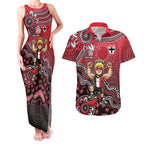 Personalized St Kilda Saints Football Mascot Couples Matching Tank Maxi Dress and Hawaiian Shirt Aboriginal Dot Art Style Vibrant Indigenous Pattern Design