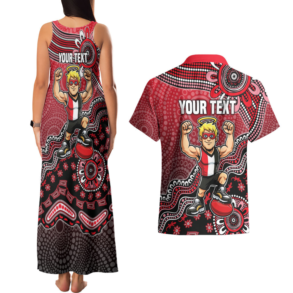 Personalized St Kilda Saints Football Mascot Couples Matching Tank Maxi Dress and Hawaiian Shirt Aboriginal Dot Art Style Vibrant Indigenous Pattern Design