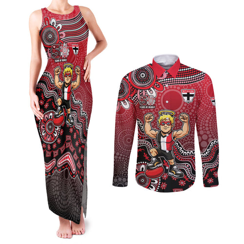 Personalized St Kilda Saints Football Mascot Couples Matching Tank Maxi Dress and Long Sleeve Button Shirt Aboriginal Dot Art Style Vibrant Indigenous Pattern Design