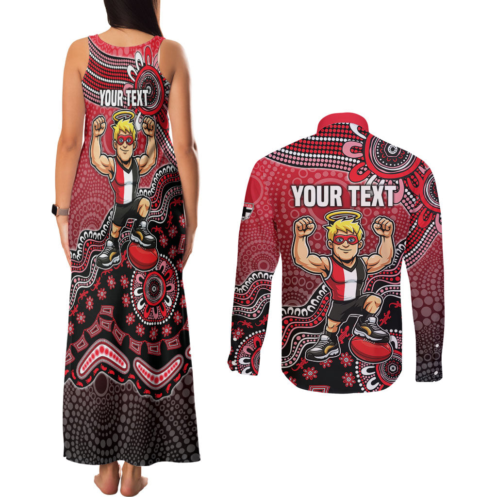 Personalized St Kilda Saints Football Mascot Couples Matching Tank Maxi Dress and Long Sleeve Button Shirt Aboriginal Dot Art Style Vibrant Indigenous Pattern Design