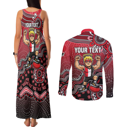 Personalized St Kilda Saints Football Mascot Couples Matching Tank Maxi Dress and Long Sleeve Button Shirt Aboriginal Dot Art Style Vibrant Indigenous Pattern Design