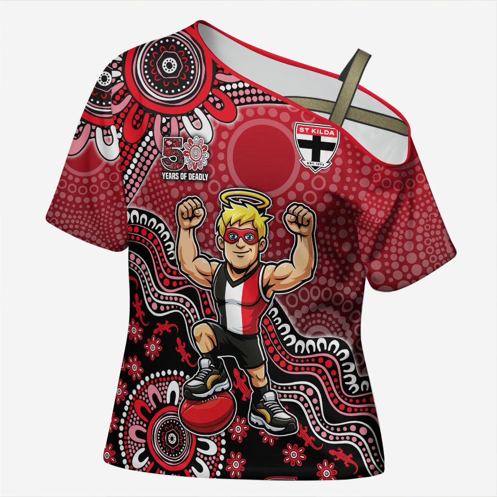 Personalized St Kilda Saints Football Mascot Cross Shoulder Shirt Aboriginal Dot Art Style Vibrant Indigenous Pattern Design